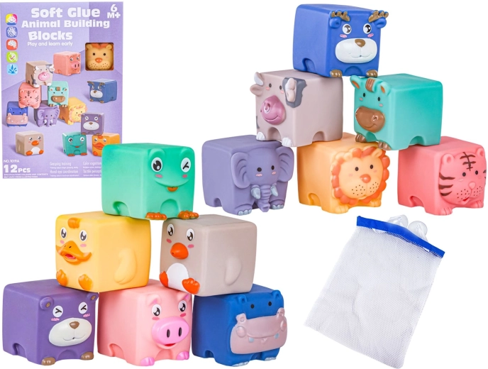 Mäkké senzorické silikónové kocky so zvieratkami (12 ks)