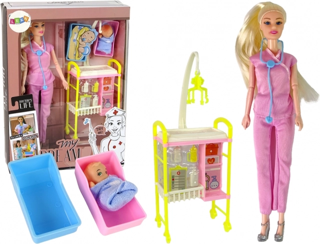 Lekárska bábika s dlhými vlasmi a doplnkami