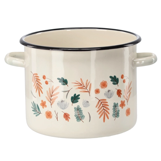 Smaltovaný hrniec 5,5 l, priemer 22 cm, krémový s motívom listov