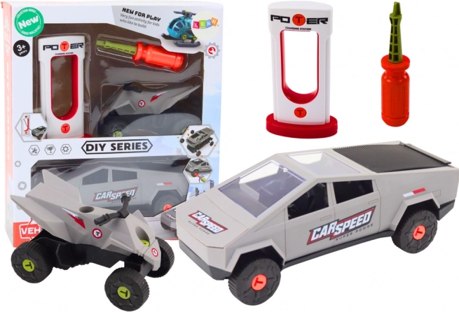 Sada moderného auta so štvorkolkou na montáž DIY – sivá