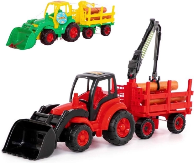 Traktor s čelnou lopatou a lesníckym prívesom