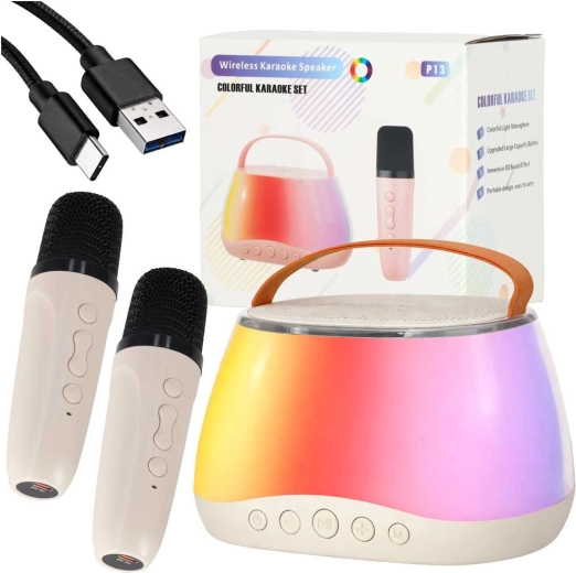 Karaoke set s bluetooth reproduktorom, LED RGB a dvoma bezdrôtovými mikrofónmi