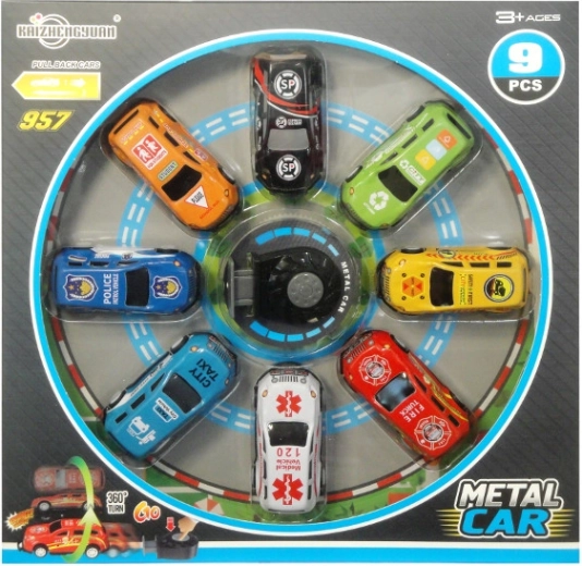 Sada kovových autíčok s vystreľovačom a 360° saltom