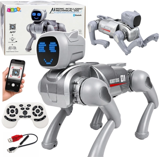 Interaktívny robotický pes AI na diaľkové ovládanie so strieborným LED displejom