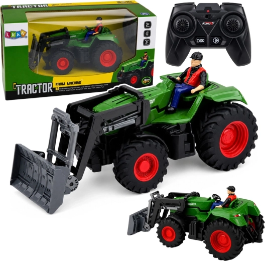 RC traktor na diaľkové ovládanie s čelným nakladačom a figúrkou farmára 1:24