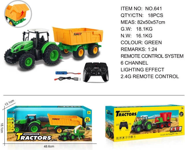 Traktor na diaľkové ovládanie s otvárateľným žltým prívesom 1:24