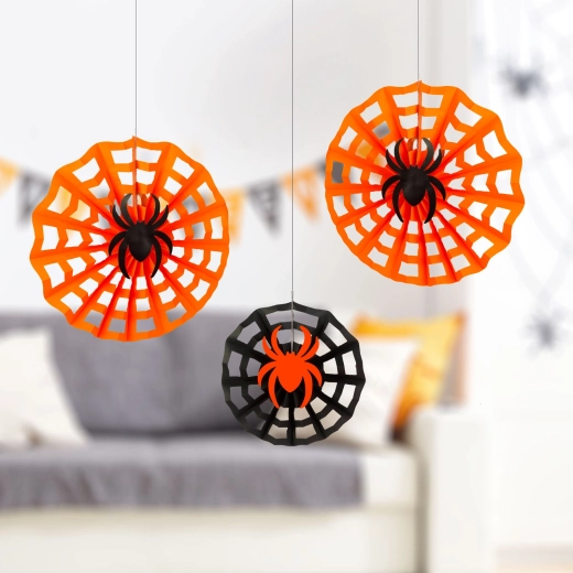 Halloweenska papierová dekorácia pavučina s pavúkom 30/40 cm – 3 kusy