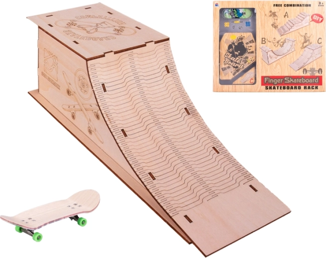 skateboard 10 cm s drevenou rampou – kovový mini fingerboard set