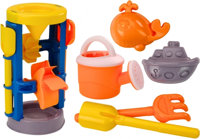 Veľká sada na piesok s mlynčekom, lopatkou, hrabličkami, kanvičkou a formičkami
