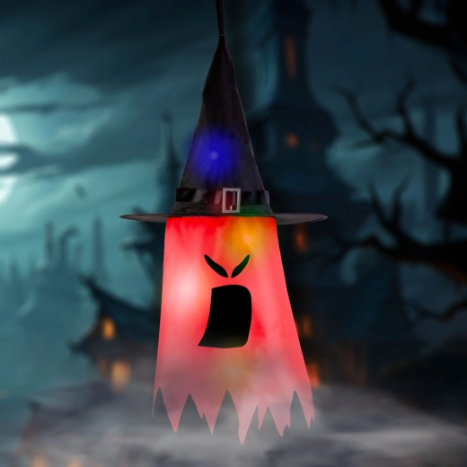Halloweenska závesná LED dekorácia duch červená