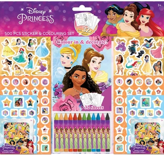 Disney Princezné – samolepkový set s omaľovánkami a voskovkami (500 ks)