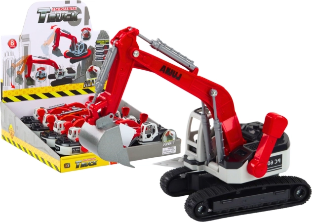 Kovový pásový bager červeno-biely s lopatou