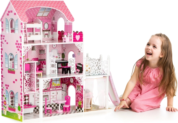 Drevený domček pre bábiky so šmykľavkou