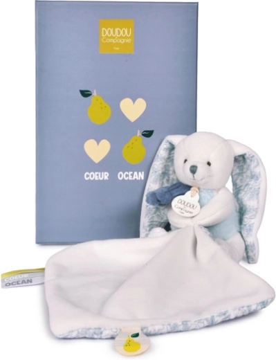 Doudou darčeková sada plyšový zajačik s dečkou 10 cm, modrý