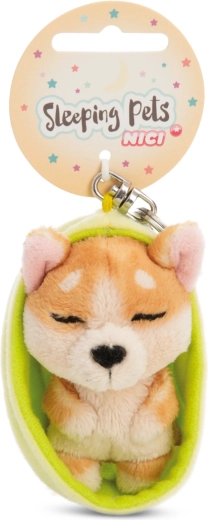 Nici kľúčenka spiaci psík Welsh Corgi 12 cm so zeleným puzdrom