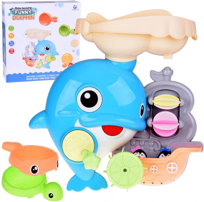 Veselý delfín – kúpace hračka s loďkou a tučniakmi