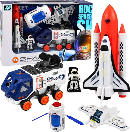 Kozmická sada s raketou, raketoplánom, satelitom, dronom, astronautom a vozidlom