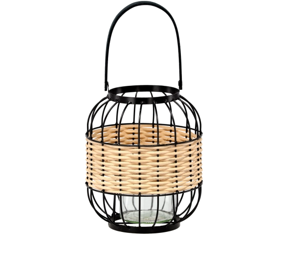 Kovovo-drevený lampáš so sklenenou vložkou, výška 24/39 cm