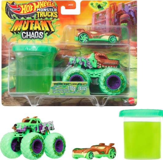 Hot Wheels monster truck Mutant Chaos s 2 vozidlami a slizom - 1 kus