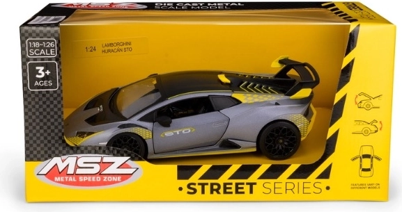 Model auta Lamborghini Huracán STO v mierke 1:24, strieborno-sivý