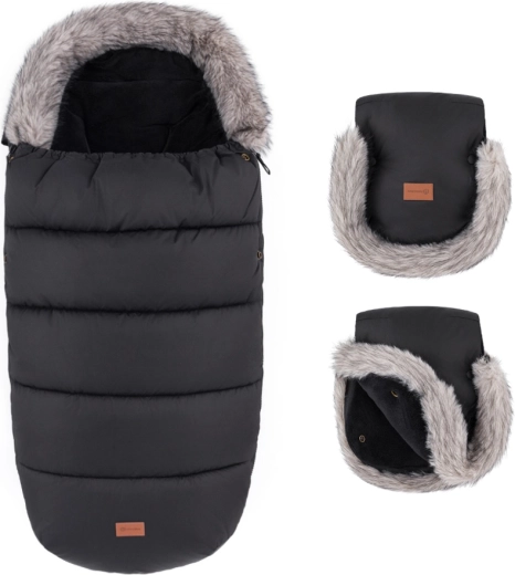 Petite&Mars zimný set: fusak Comfy 4v1 a rukavice na kočík Furry forever black