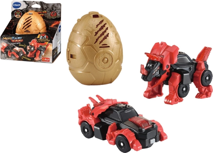 VTech Motozaury Triceratops v vajíčku – premeniteľný dinosaurus na pretekárske auto so svetlami a zvukmi
