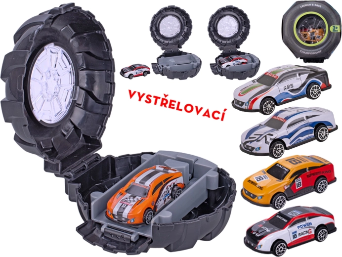 Kovové športové autíčko s vystreľovacou pneumatikou 6,5 cm