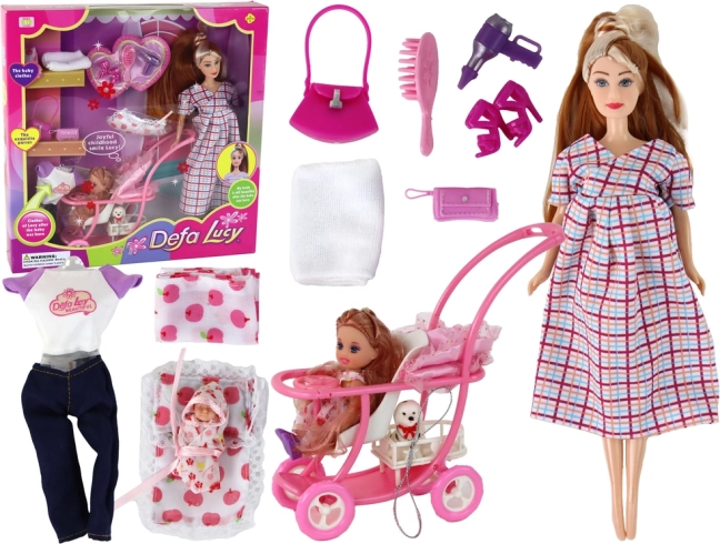 Bábika Lucy Tehotná s Dieťaťom a Kočíkom