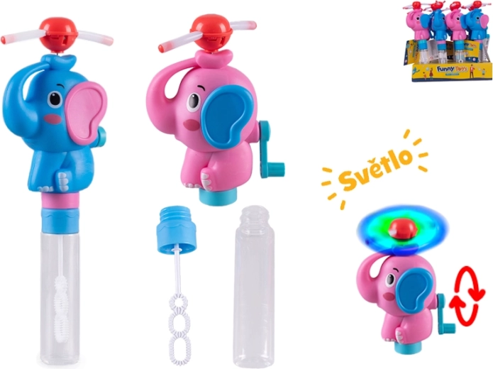 Bublifuk v tvare slona na batérie so svetlom a vrtuľkou 23,5 cm