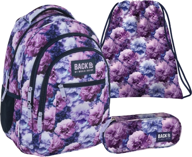 Školský set BackUP Violet Flowers 3v1 – batoh, peračník a vak