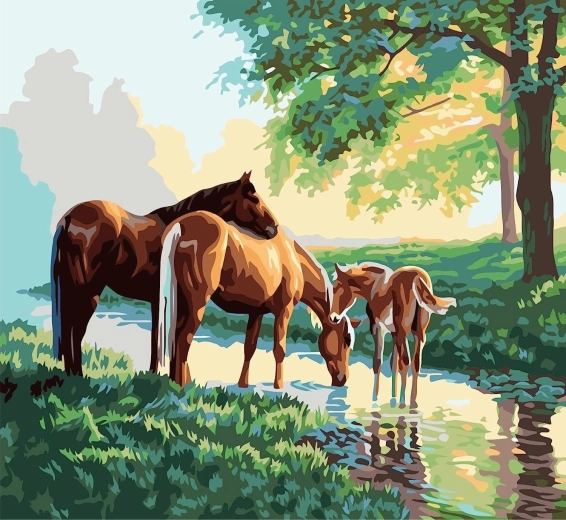 Maľovanie podľa čísel Konská rodina pri potoku 40 × 50 cm