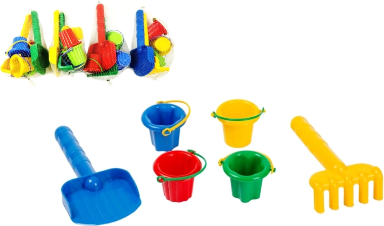 Súprava na piesok L s lopatkou, hrabľami a mini vedierkami
