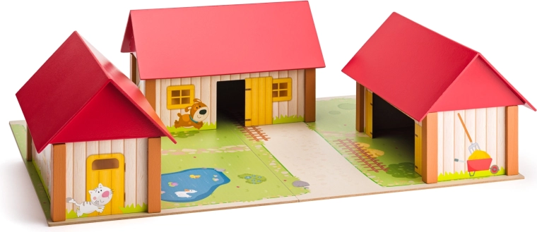 Drevený statok s tromi budovami a hracou podložkou