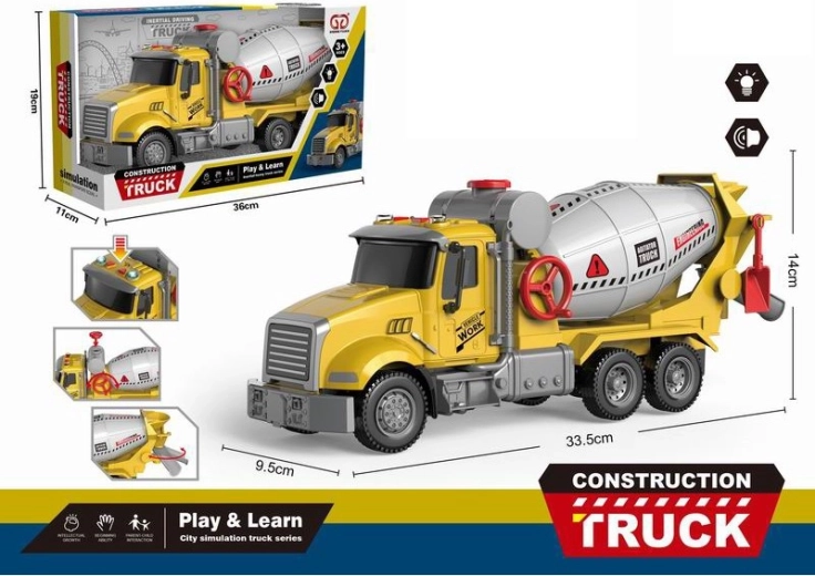 Detská miešačka betónu so svetlami a zvukmi, trecí pohon