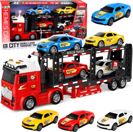 Transportný kamión – autotransportér so 4 športovými autami, svetlá a zvuky