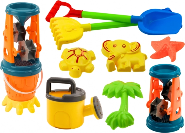 Súprava na piesok Mlynček na piesok Lopata Hrabličky Krhla Formičky Vedro 10 dielov