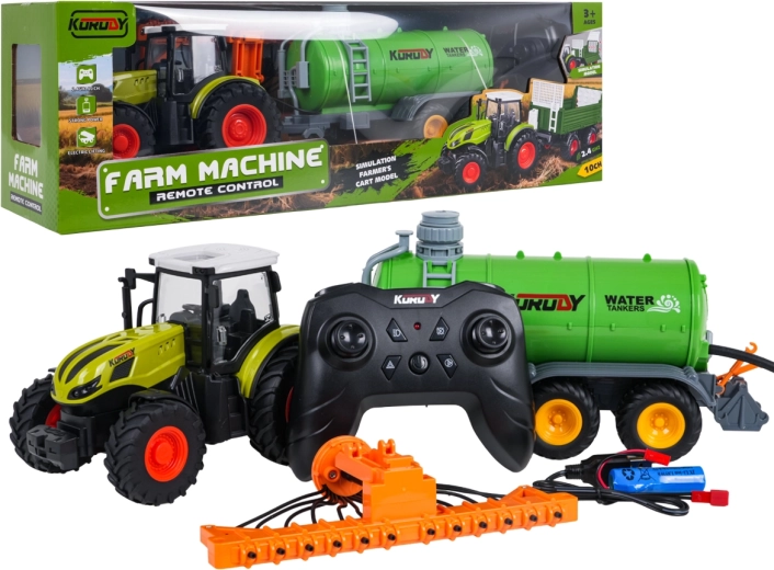 Diaľkovo ovládaný traktor s cisternou a zhrňovačom sena v mierke 1:24