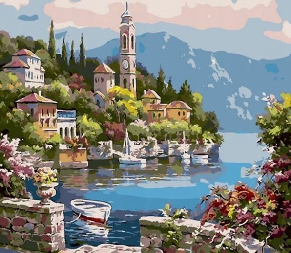 Norimpex maľovanie podľa čísel Mesto pri jazere 40 × 50 cm