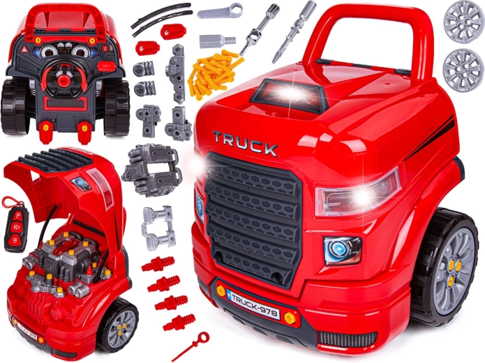 Detská mechanická dielňa – rozoberateľný truck so svetlami a zvukmi (61 dielov)
