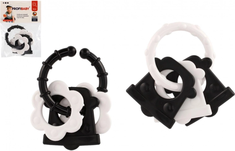 Hryzadlá pre bábätká – čiernobiele tvary, hrkálka a úchyt