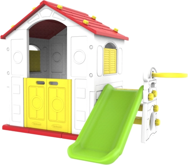 Detský záhradný domček s červenou strechou, šmykľavkou a basketbalom