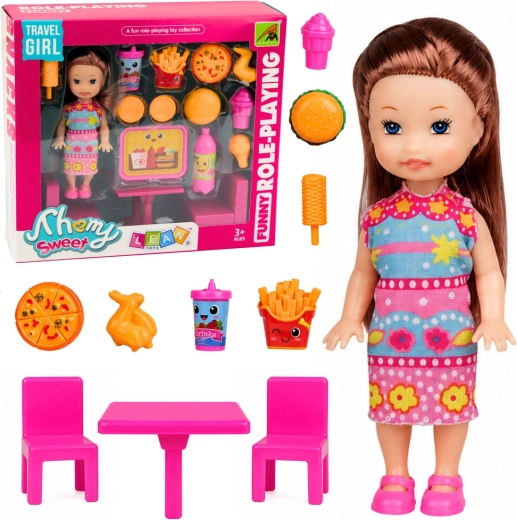 Mini bábika so setom fast foodu, stolík a 2 stoličky (11 cm)