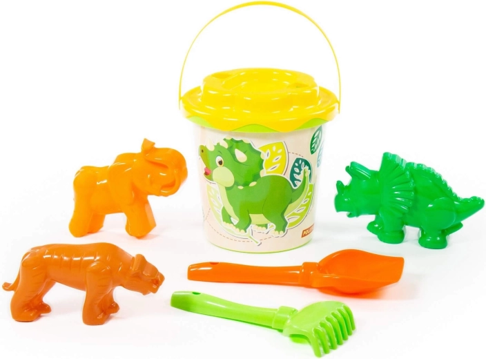 Detská sada do piesku Dino – vedierko, lopatka, hrabličky a formičky