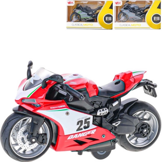 Kovový pretekársky motocykel 14 cm 1:12 so spätným chodom v krabičke - 1 kus