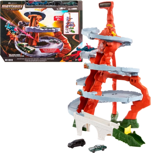 Matchbox The Movie horská naháňačka s helikoptérou – herný set (dráha + 2 autíčka + helikoptéra)