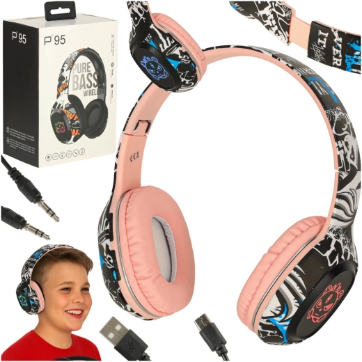 Ružové bezdrôtové náhlavné Bluetooth slúchadlá s RGB podsvietením