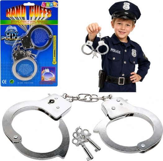 Kovové policajné putá s kľúčikmi pre deti, strieborné