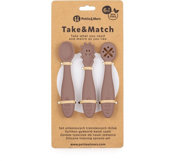 Petite&Mars sada 3 silikónových tréningových lyžičiek Take&Match velvet latte 6m+