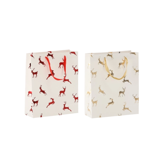 Vianočná darčeková taška so sobmi, krémová, 18 × 24 × 8 cm