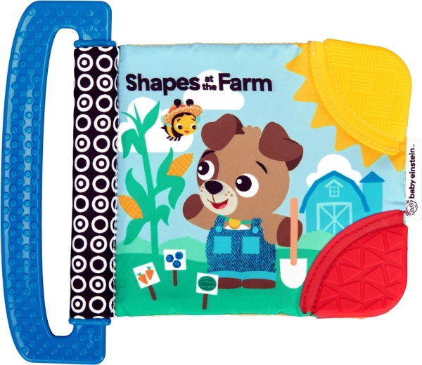Baby Einstein mäkká knižka s hryzátkami a textúrami Shapes at the Farm od narodenia